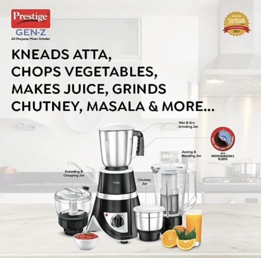 Prestige 750 Watts GEN-Z All Purpose Juicer Mixer Grinder with 4 Jars (1500 ml, 1500 ml, 500 ml)|Kneading,Chopping,Juicer,Grinder Jars|2 years warranty|(Black) - Image 3
